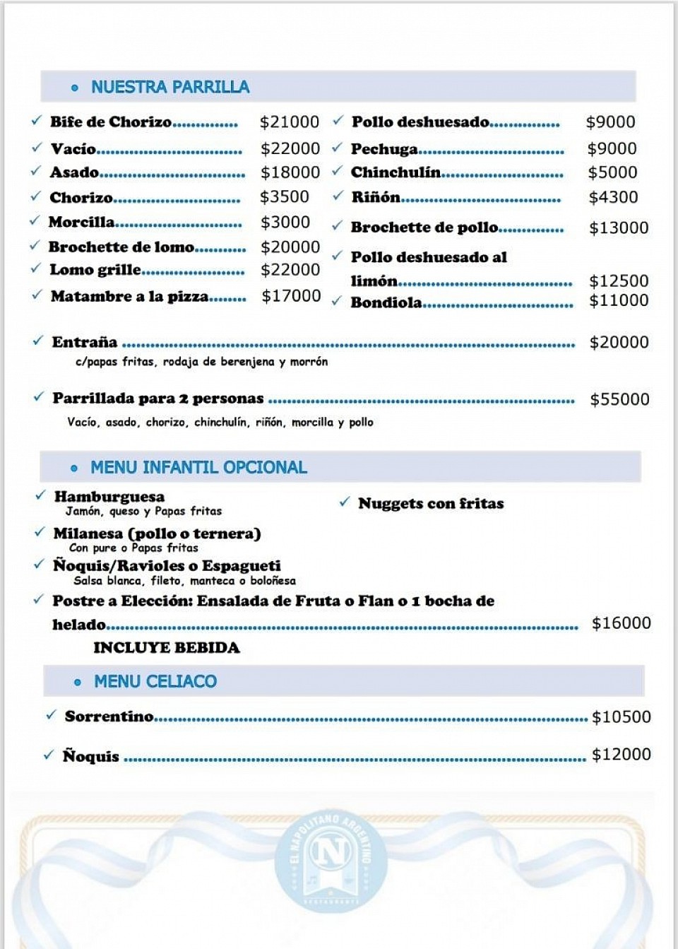 Parrilla, Menu infantil, Menu Celiaco