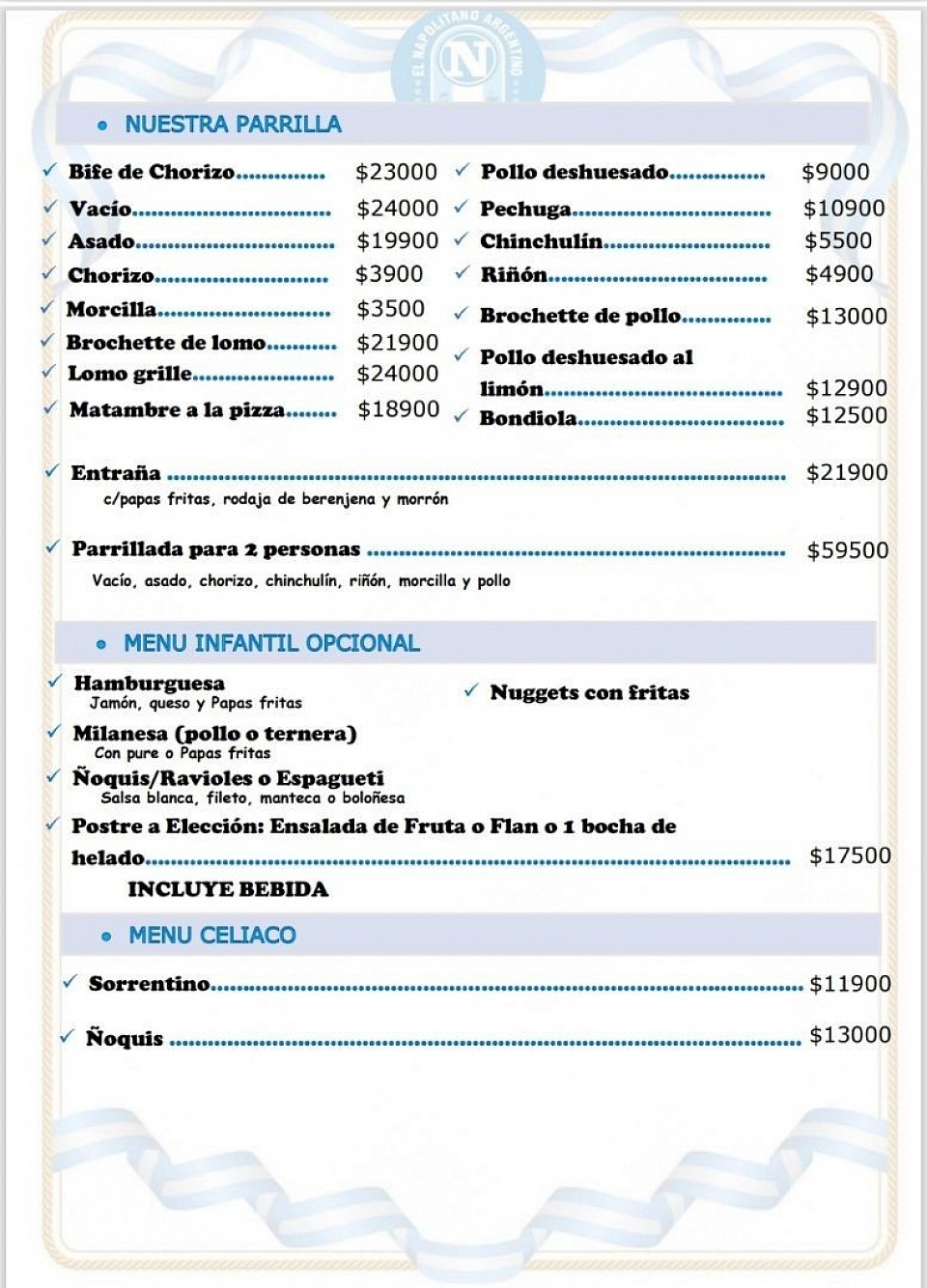 Parrilla, Menu infantil, Menu Celiaco